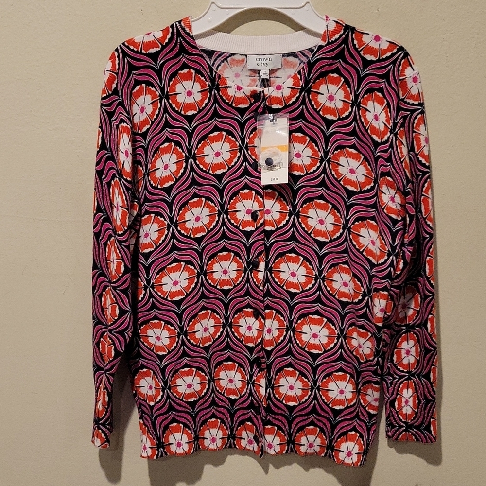 ❤️ NWT! CROWN & IVY CARDIGAN SWEATER, RETRO FLORAL, SMALL